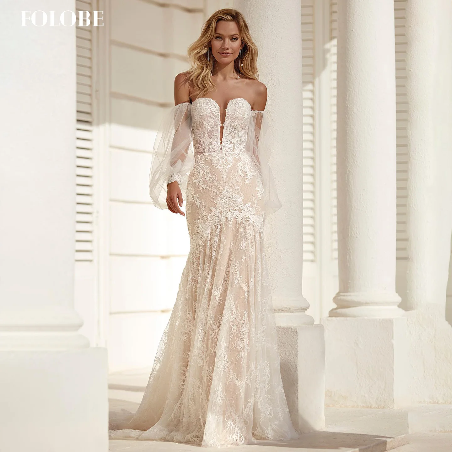 FOLOBE Schatz Exquisite Spitze mit Puffärmeln Elegante Brautkleider Sweep Zug Brautkleid vestidos de noche Angepasst