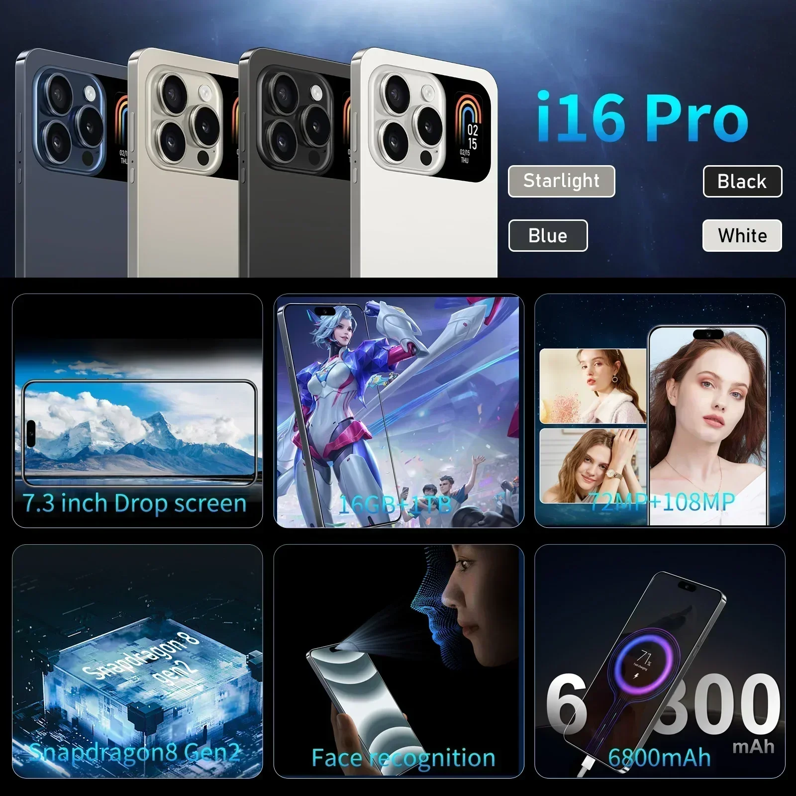 I16 Pro Mobile Phones 7.3HD Original Smartphone 5G Dual SIM Android 13 Cell Phone Snapdragon 8 Gen 2 Global Version Cellphones