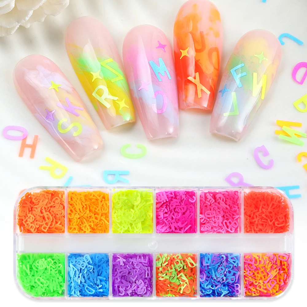 Mixed Fluorescerend Engels Alfabet Glitter Pailletten Voor Nail Design Neon 26 Letter Paillettes 3d Nail Art Decoraties Accessoires