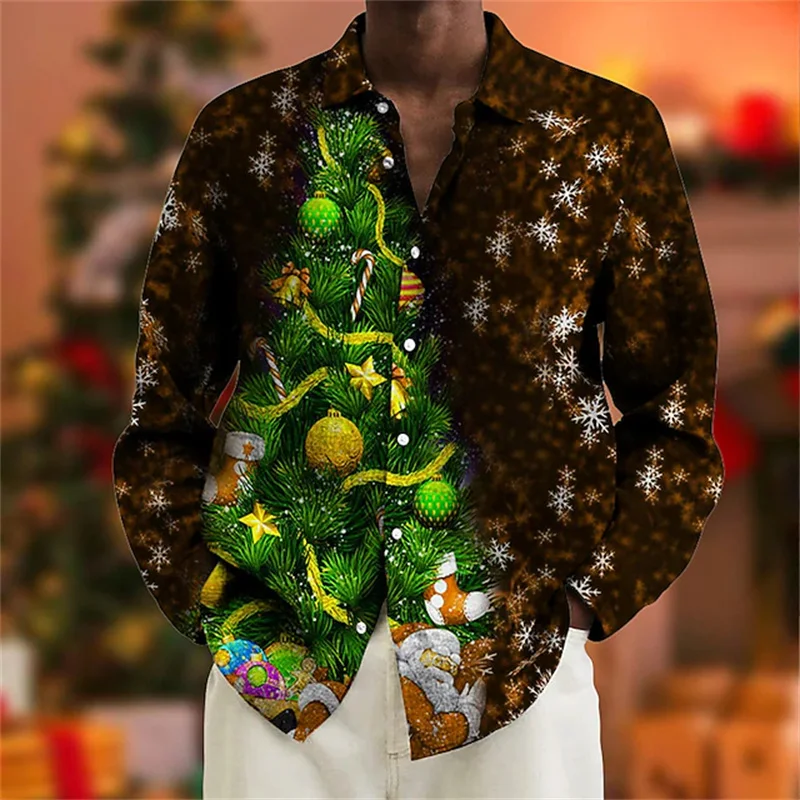 Christmas Men's Christmas Tree Print Shirt Lapel Purple Black Green Yellow Wine Red 3D Street Long Sleeve Button Shirt