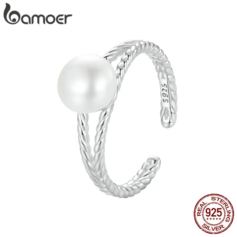 Bamoer Original 925 Sterling Silver Natural Freshwater pearl Opening Ring White Gold For Women Birthday Party Gifts Fine Jewelry