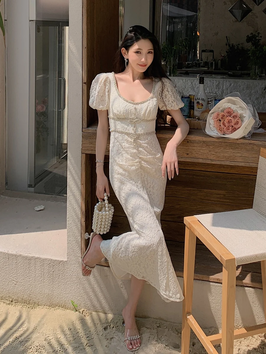 Summer New Women's Fashion Creamy-white Lace Round Neck Short Sleeve Fishtail Dress French Fashion Elegant Party Dress Women