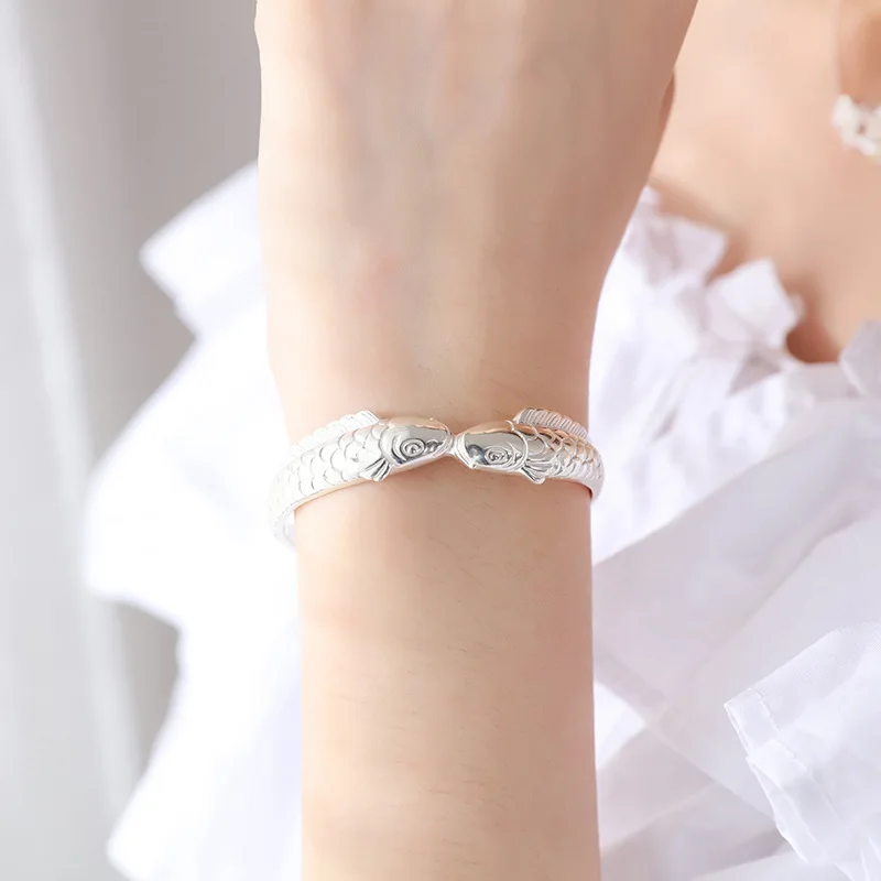 New Exquisite Cute Fish 925 Sterling Silver Jewelry Bracelets Pisces Double Fish Ethnic Style Retro Bangles  SL006