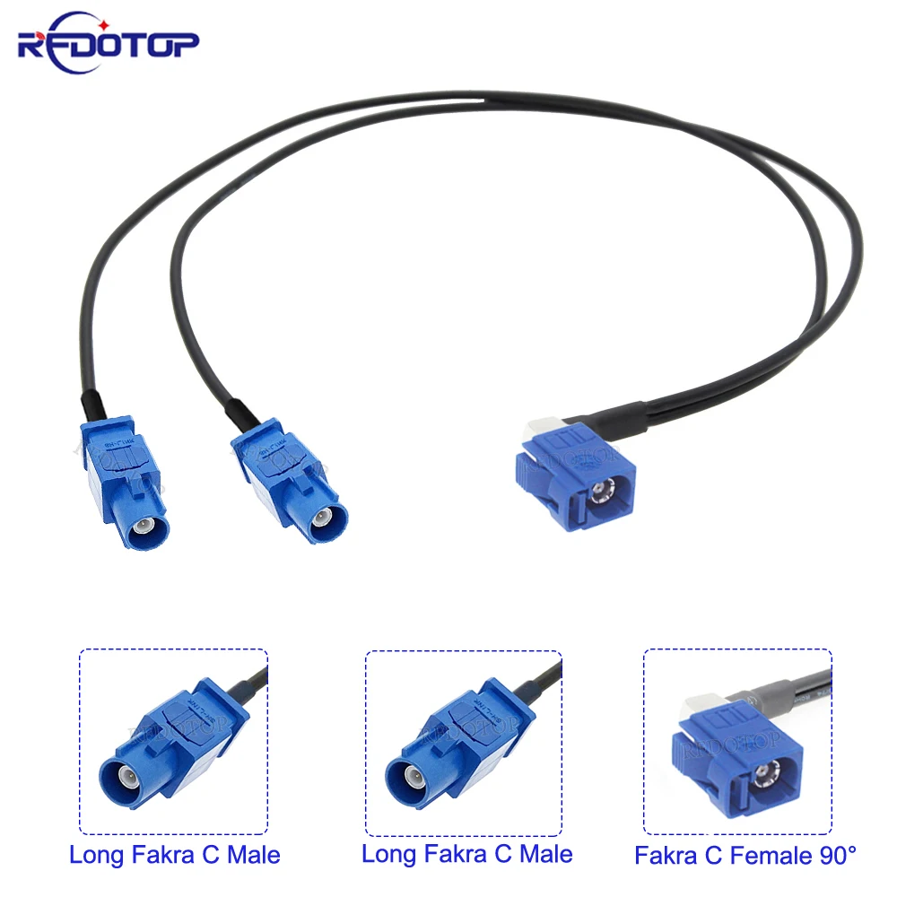 RG-174 Blue Fakra C Female 90 Degree to 2*Long Fakra C Male Connector Splitter Y Shape RG174 RF Coaxial Cable for GPS Navigation