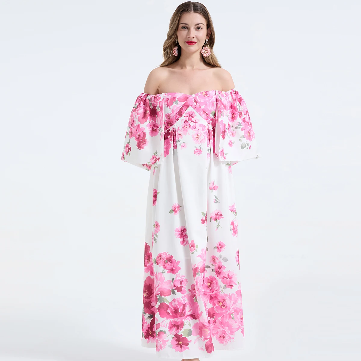 

2026 Summer Gorgeous Flower Holiday Beach Dress Women's Slash Neck Lantern Sleeve Floral Print High Waist Long Maxi Vestidos