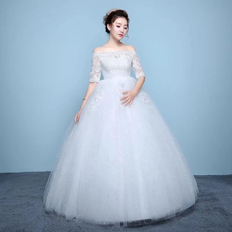 

It's Yiiya Wedding Dresses Off the Shoulder Half Sleeves Embroidery Sequins Princess Floor-length Pluss size Pregnant Women Gown