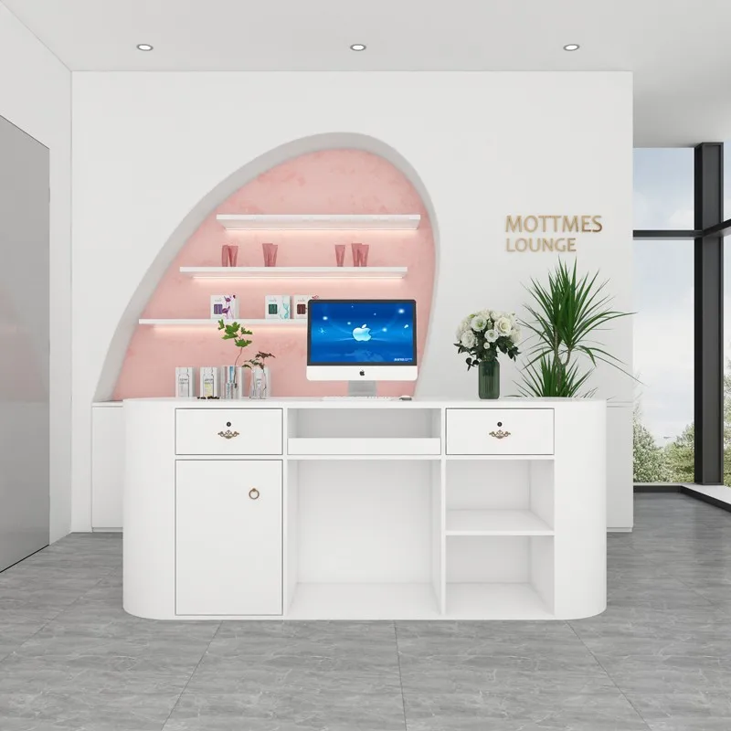 Mostradores de caja para tienda de ropa, contadores de caja de peluquería de belleza simples en forma de arco, muebles de recepción de empresa JT40C