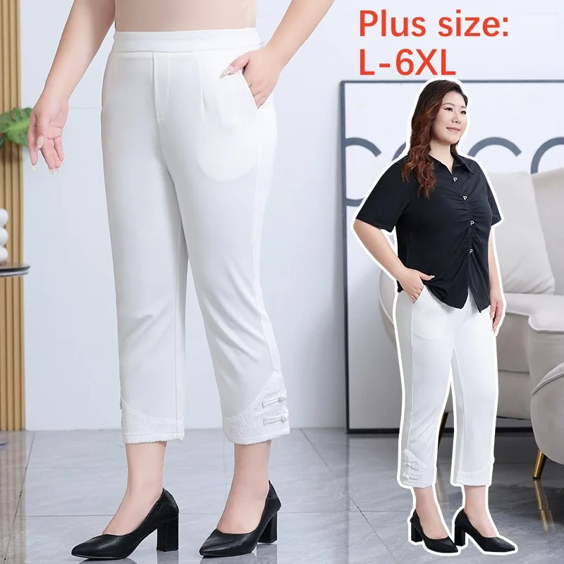 

High Waisted Summer New Oversized 5XL 6XL Women Pants Casual Elastic Straight Thin Black Ankle-length Lady White Trousers Capris