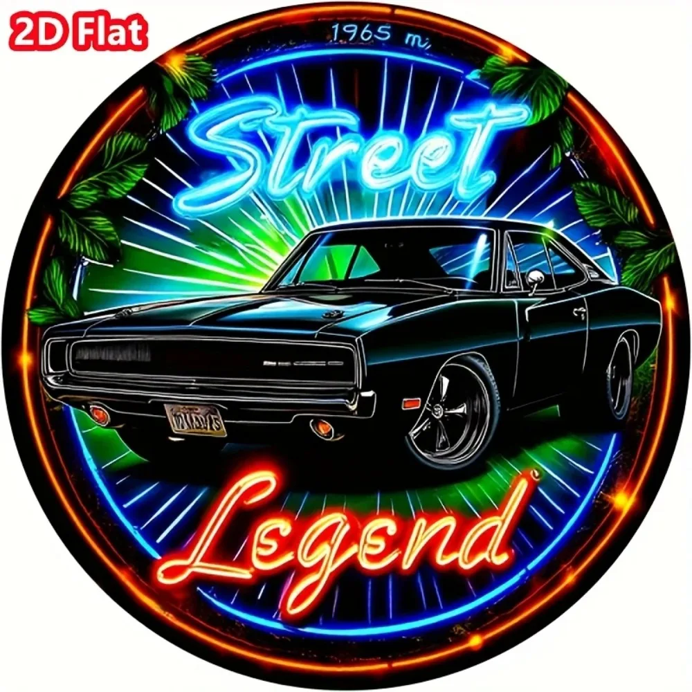 Panneau métallique de voiture de légende de rue au néon rétro intemporel. Cette art murale, avec son design de muscle car vintage