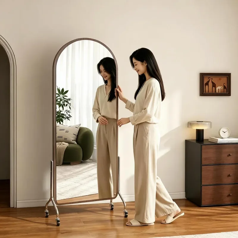 Espejo de cuerpo entero con ruedas universales, multifuncional, de pie, para el hogar, dormitorio, almacenamiento de ropa y probador.