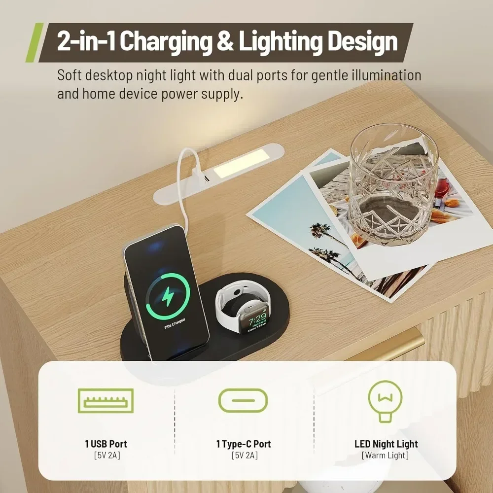 Modern Fluted End Table Duo for Bedroom, USB LED Night Light Charging Ports, Drawer and Shelf view 4