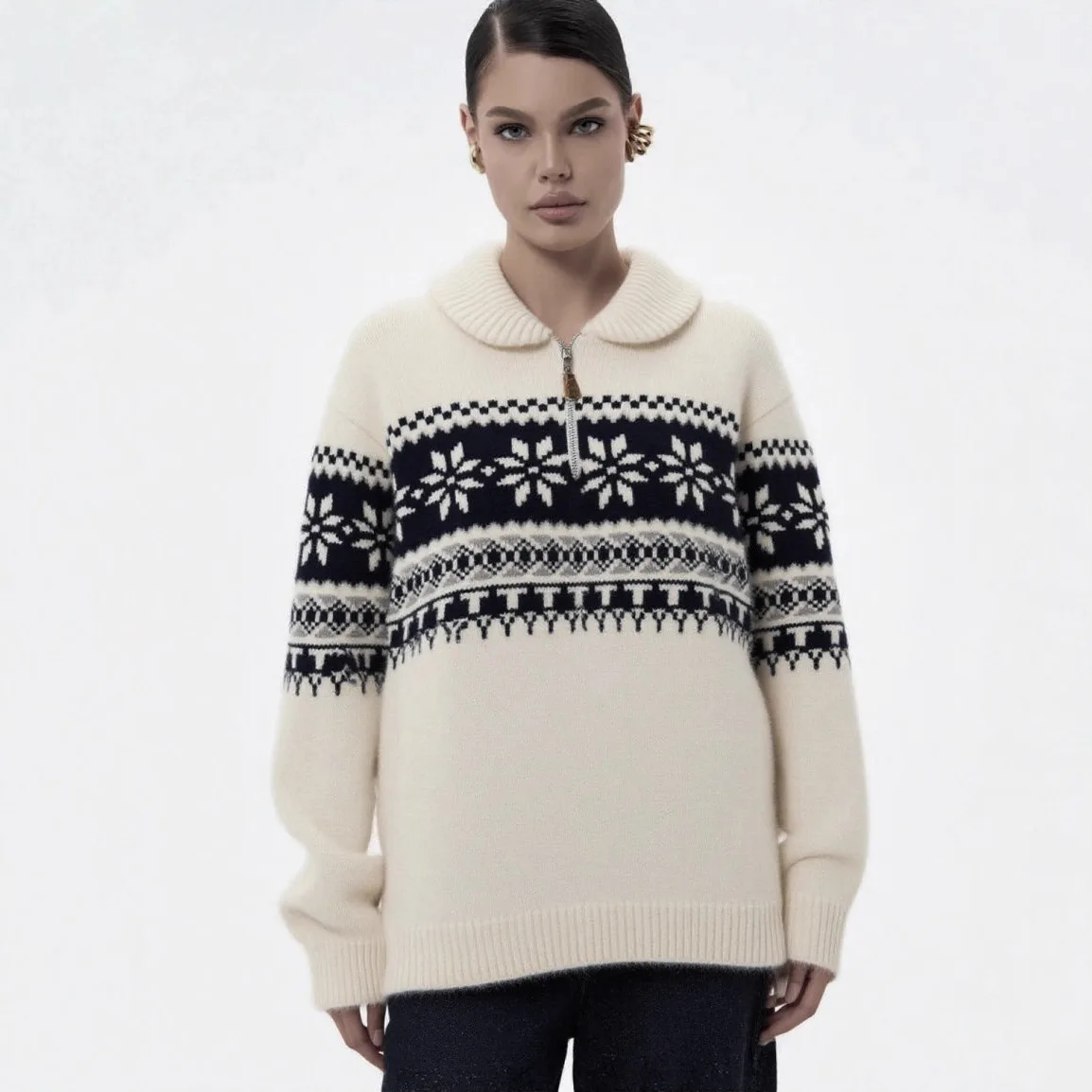 

Осень-зима 2024, новый женский мягкий жаккардовый свободный повседневный свитер с воротником-поло, ленивый стиль, модный толстый теплый