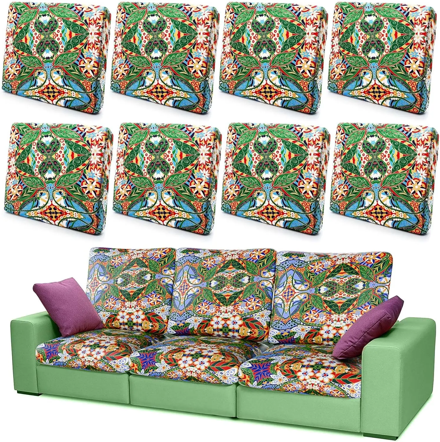

8 Pcs Printed Patio Sofa Cushion Covers Floral Non-Slip Chair Seat Cover Washable Stretch Couch Cushion Slipcovers Furniture