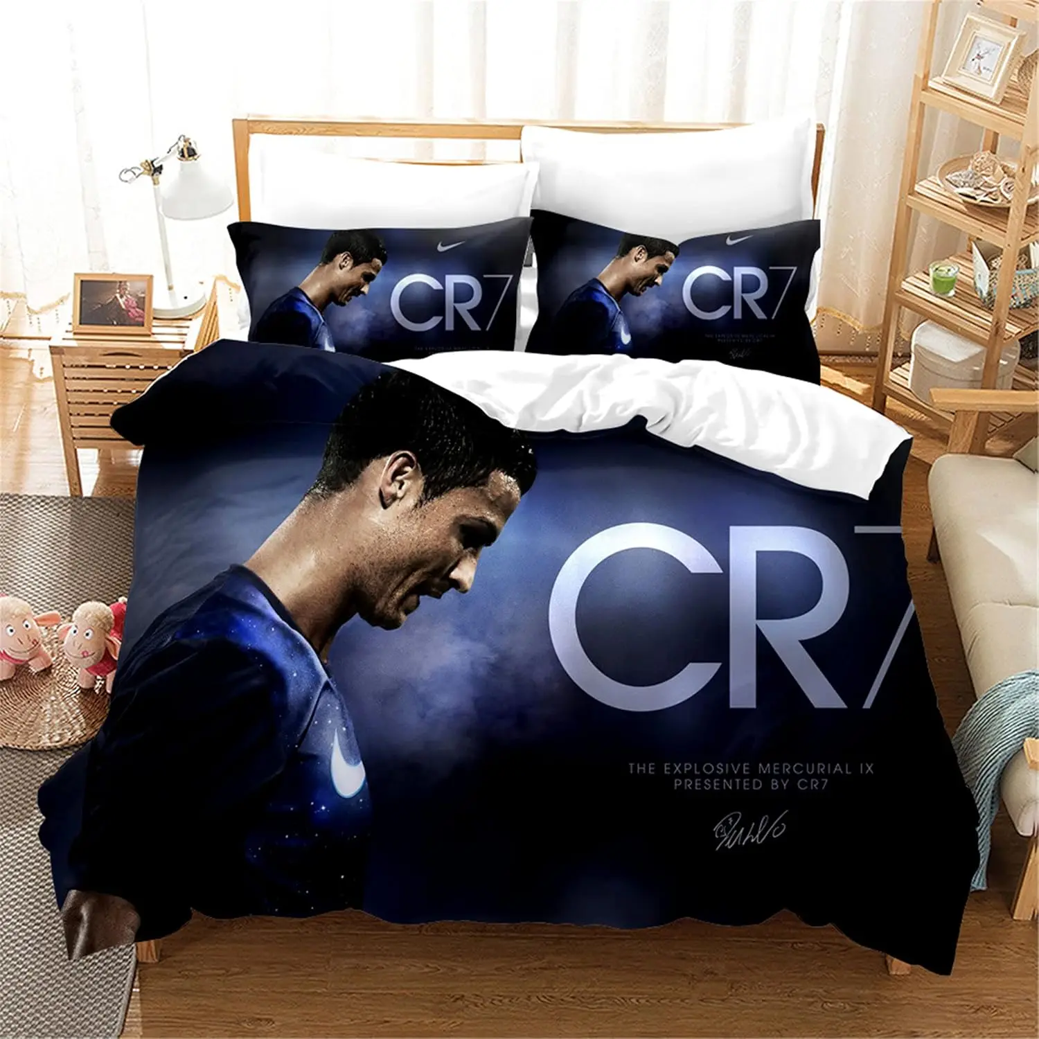 Conjunto de cama impresso CR7 com zíper liso, capa de edredão com 2 fronhas, capa de edredão macia e respirável, presente para criança e adulto, 3 peças