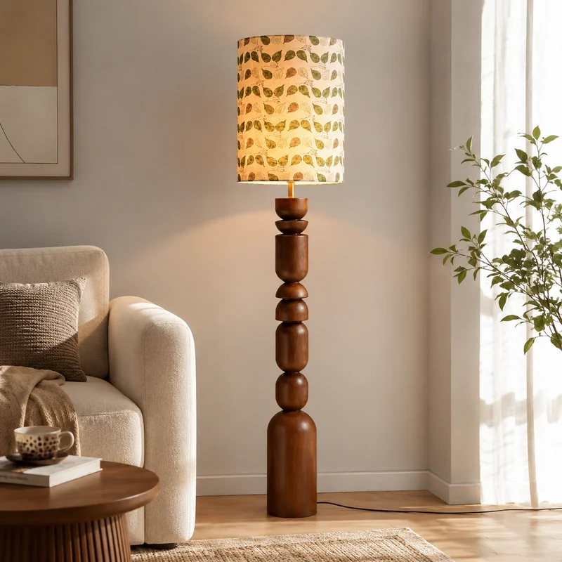 Retro French Wood Sculptural Turned Column Botanical Drum Shade For Home Living Room Bedroom Study Reading Corner Floor Lamp