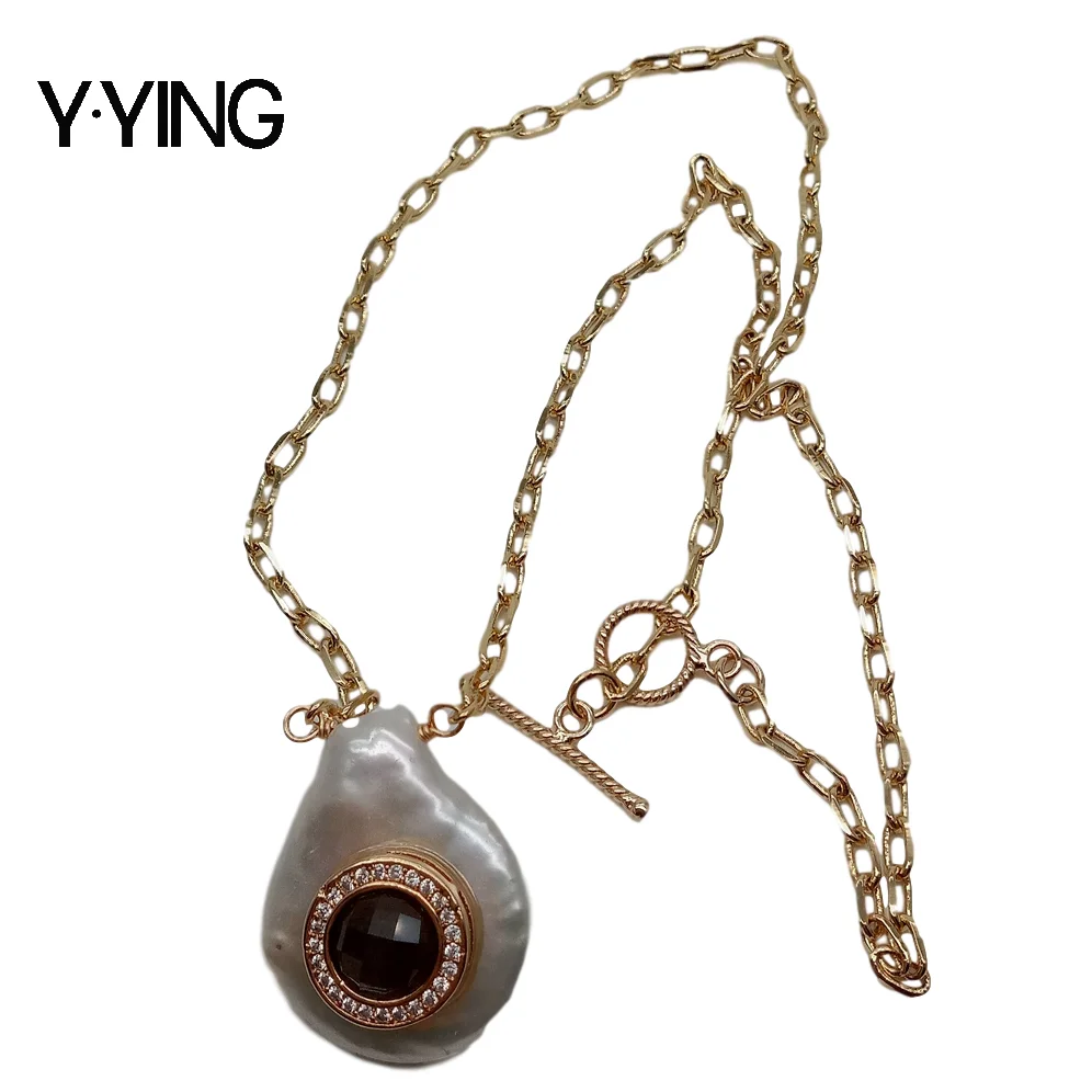 

Y·YING natural Cultured White Coin freshwater Pearl Cz Pave Labradorite Charm Chain Necklace 18" punk style for women