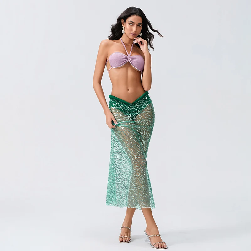 Women s Enchanting Mermaid Costume Shimmering Seashell Bra with Glittering Tail Skirt Halloween Outfit Set