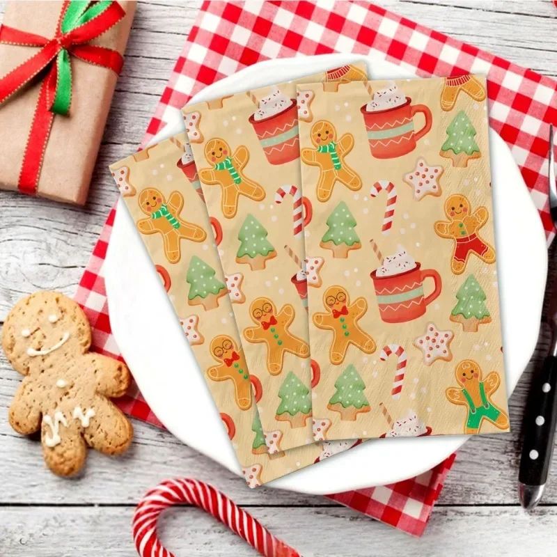 Gingerbread Man Christmas Colorful Printed Napkins Long Birthday Theme Party Holiday Tableware Party Disposable Paper 20pcs