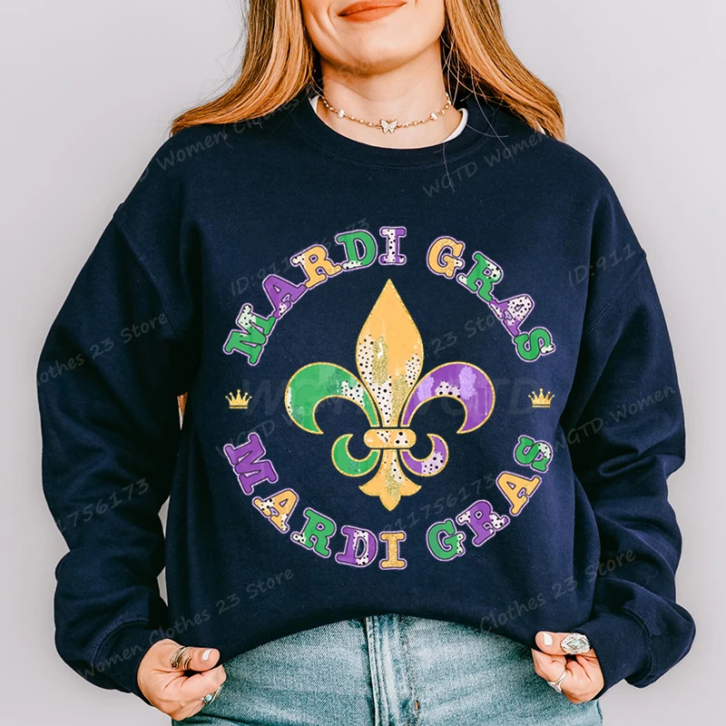 Cute Mardi Gras Print Hoodless Sweatshirt Women Fashion Pullover Casual Long-sleeved Loose Sweatshirt Fall/Winter Pullovers Tops