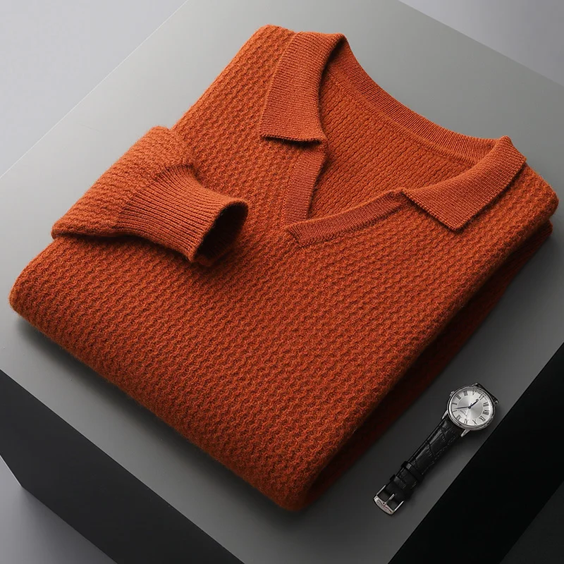 Autumn and winter new 100% pure sweater men's lapels thickened solid color loose shoulder cuff sweater sweater sweater.