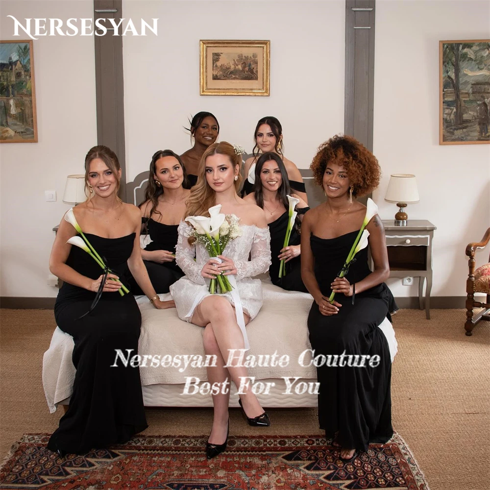 Nersesyan Boho 레이스 미니 웨딩 드레스 오프 숄더 Applqiues 긴 소매 신부 드레스 신부 게스트 파티 가운 맞춤형