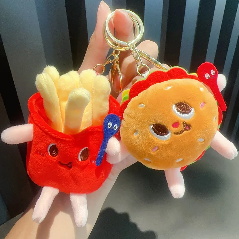 Porte-clés en peluche jetable de dessin animé créatif, hamburger, frites, toast, jambe, beurre, pendentif, jeu de nourriture mignon, sac à dos, cadeaux pour animaux