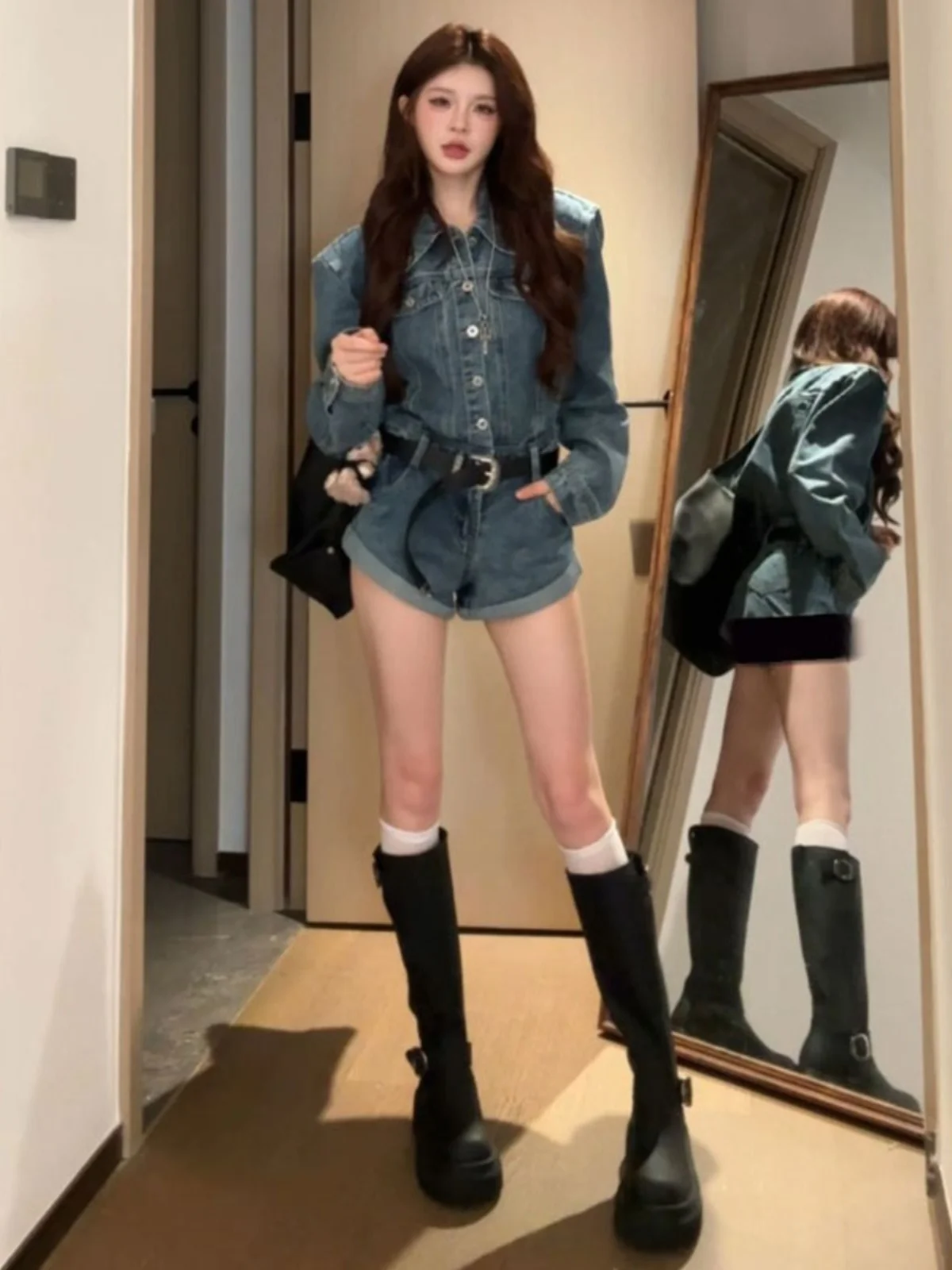 

Модные джинсовые комбинезоны с высокой талией, модные осенние ретро-комбинезоны, Новое поступление, женские комбинезоны, брюки, эксклюзивные онлайн-комбинезоны