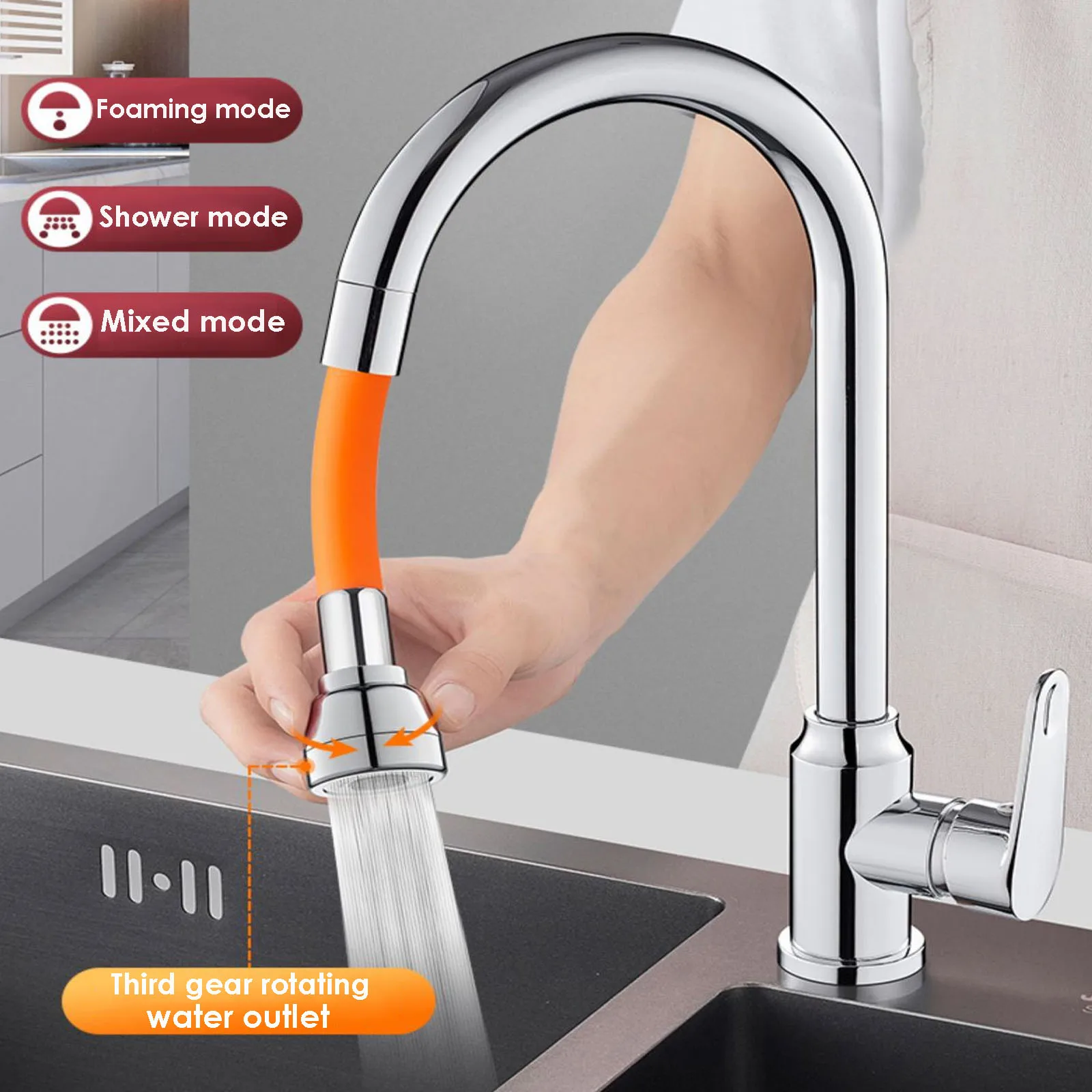 3 Mode Universal Kitchen Sink Faucet Extension Extender 360°Free Bending Flexible Hose Water Tap Pipe Extension Tube Adapter