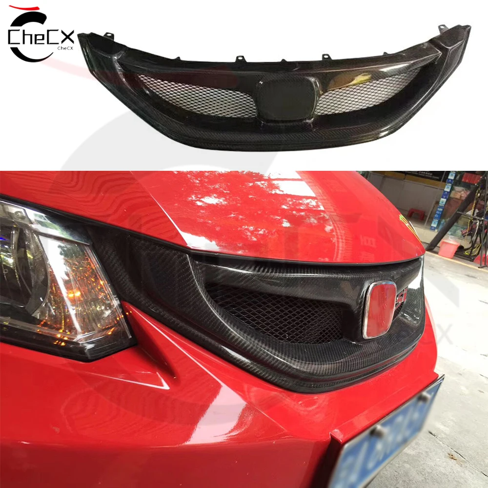 For 2014-2015 Honda Ninth Generation Civic Real Carbon Fiber Front Bumper Mesh Cover Front Grill Grille For Trims Without Emblem