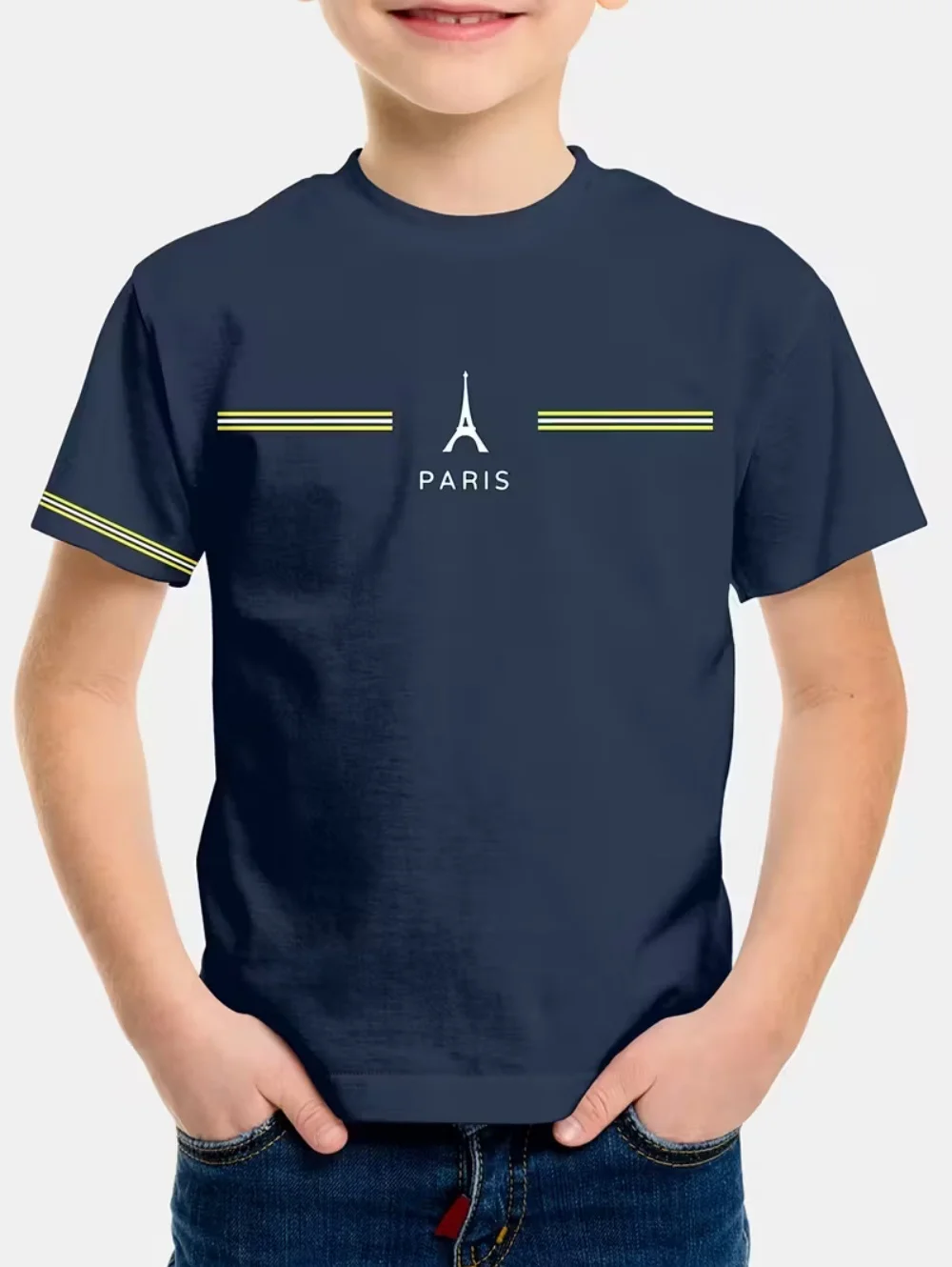 Boys' T-Shirt Simple Paris Letter Print Summer Short Sleeve Tees Loose Fashion Round Neck Tops Stripe Streetwear Kids Clothing