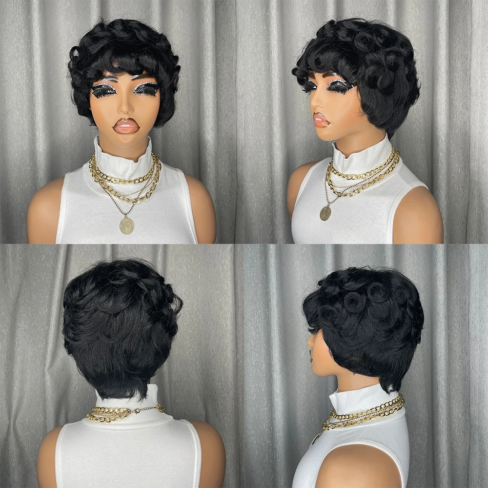 Короткие прямые яичные вьющиеся человеческие волосы Парики Пикси Боб Стрижка Бразильские волосы Машинное производство для женщин Предварительно выщипанные волосы Готовые к ношению