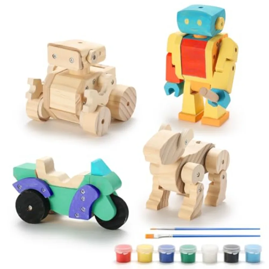 

Woodworking Building Kits for 4-in-1 Wood Building Kits for STEM Projects Set DIY Arts and Crafts Assembly Toys with Paints and