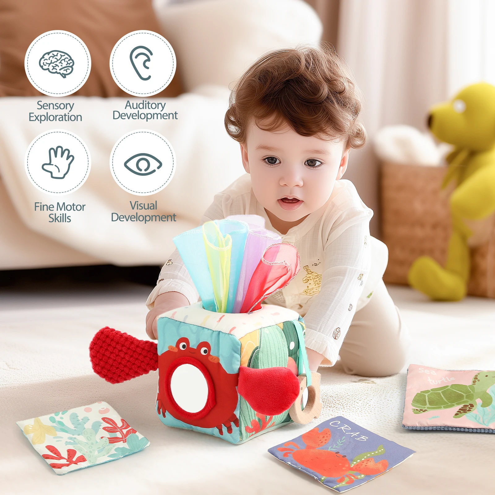 Baby Sensory Security Blanket Lovey, Plush Cartoon Lamb Comforter, Portable Hanging Grip Toy for Newborn Early Learning