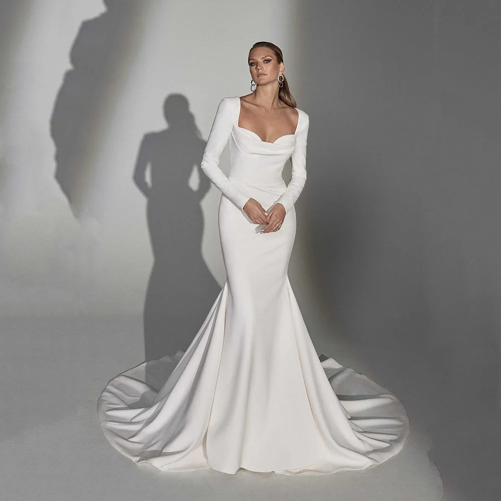 Elegant Bridal Dress 2025 Civil Long Sleeve Open Back Button Party Bride Gown Simple Square Neck Wedding Dresses Customized