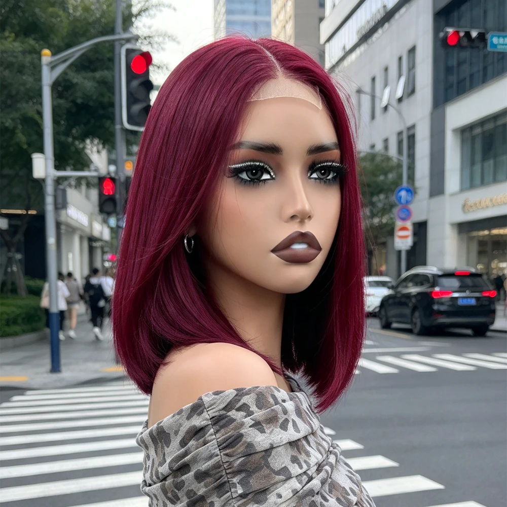 Glueless Straight Bob Wig 2X6 Short 300Density 99J Drawstring Glueless HD Lace Frontal Bob Wig For Women Human Hair 100% 14Inch