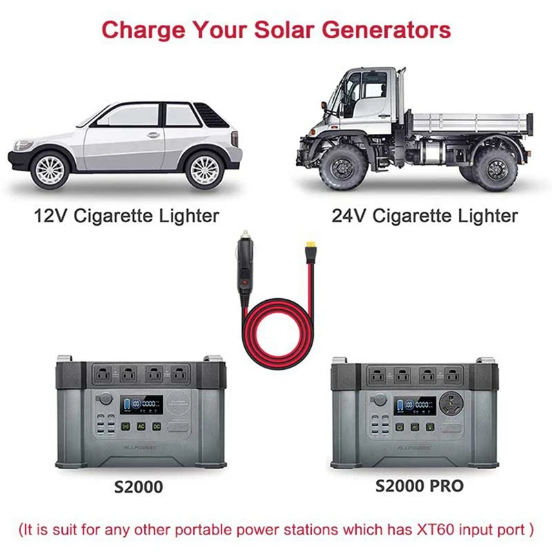 2X Cigarette Lighter To XT60 12V 24V Charging Cable For ALLPOWERS S2000 Bluetti EB55,Anker 757/767 Ecoflow Delta Series