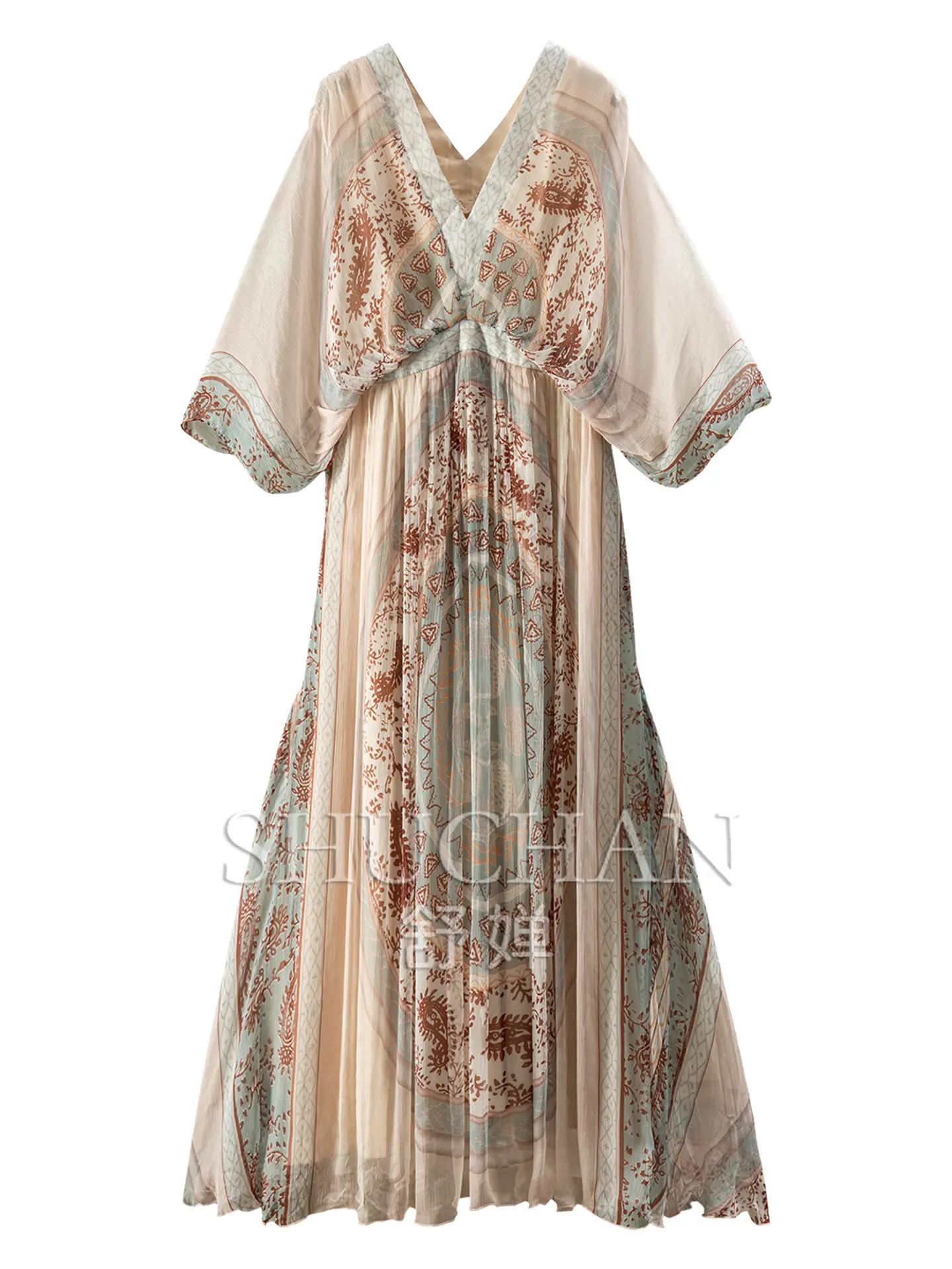 Beautiful Throughout The Summer Dresses Light Luxury and Elegant Positioning Flower Natural Silk Bat Sleeve Dress