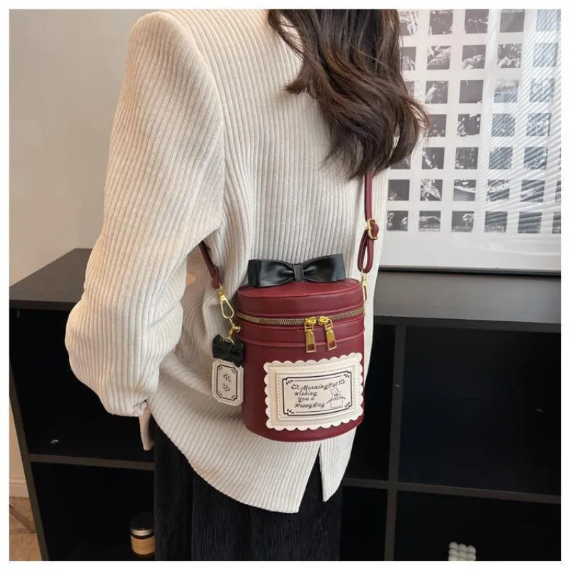 PU Bow Bucket Bags Female 2024 Portable Fashion Shoulder Style Black/burgundy/brown Festival Gift Small Cylinder Bag