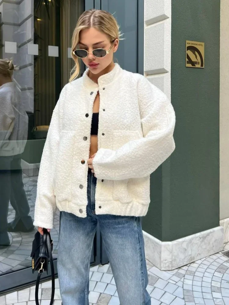 

Casual Stand Collar Wool Jackets Off Women Chic Autumn Long Sleeve Single-breasted Pocket Jacket 2025 Lady Loose Daily Outwears