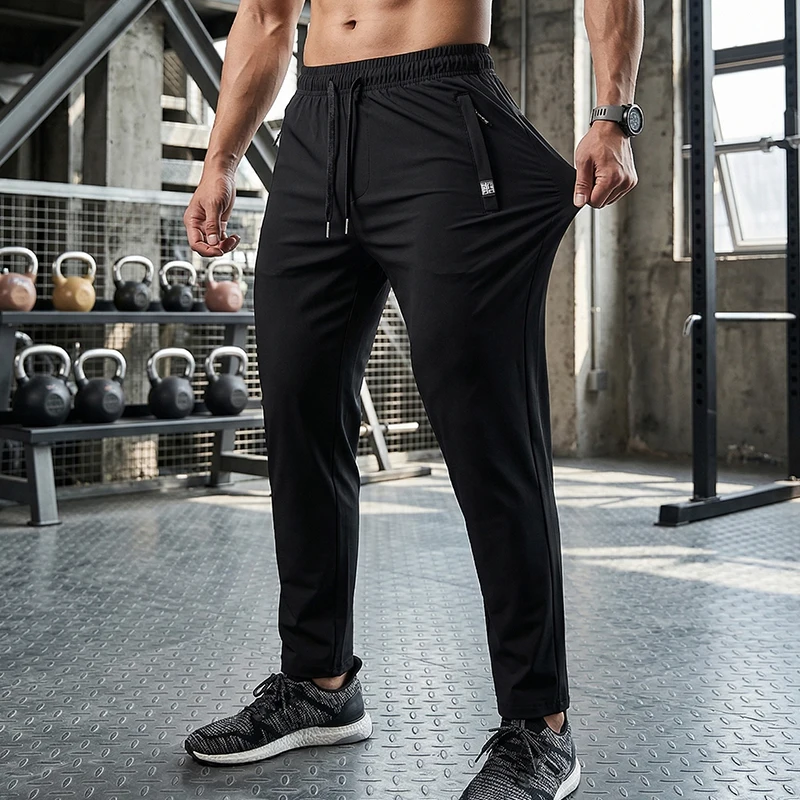 

New Men's Fitness Pants Zippered Pockets Stretch Sports Pants Running Daily Wear Casual Pants Jogger Man Football Fishing Gym