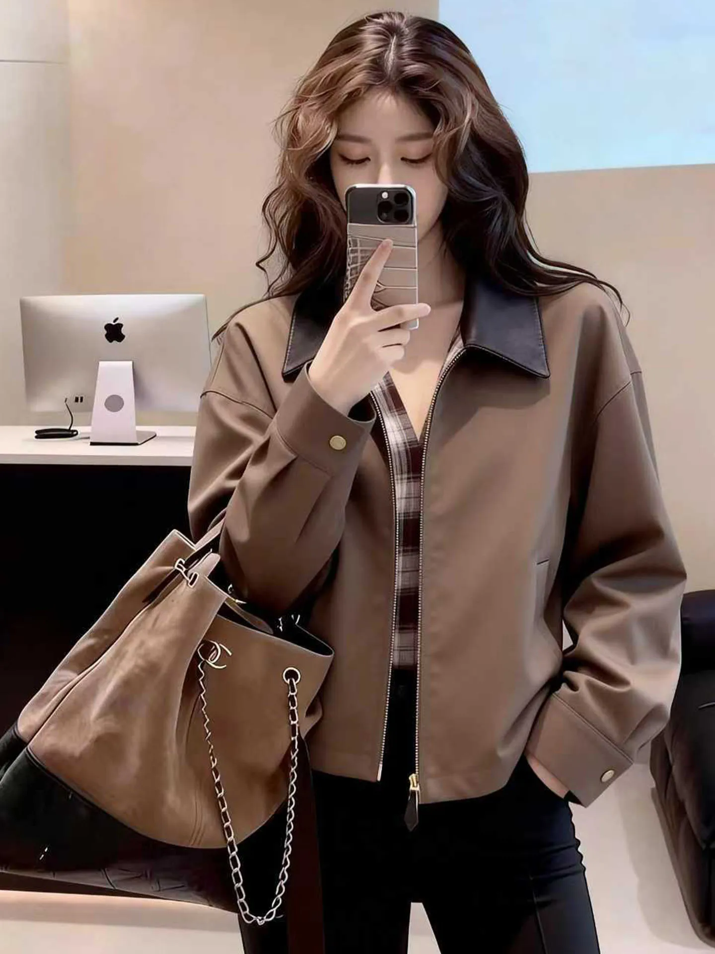 

Retro Korean Sle ort Coat Women's Coffee Color Patchwork Jaet Spring 2026 Slimming Faion Top Stand Fit Zipper