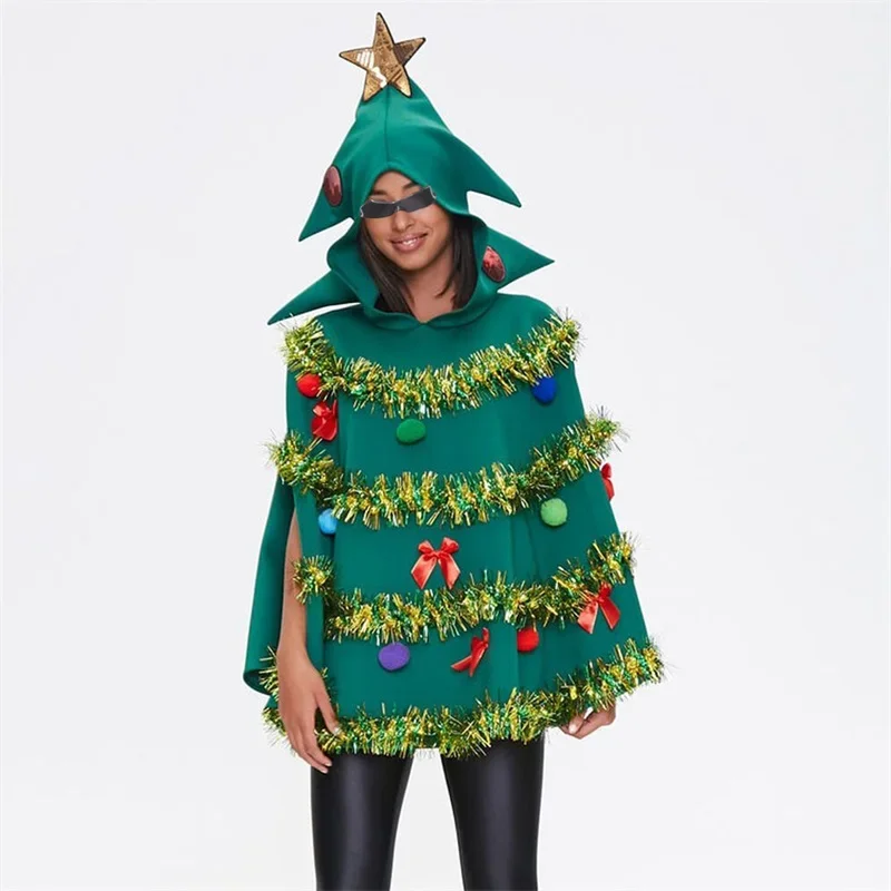 Christmas Tree Poncho Costume Adults Women Men Bow Ball Decor Hooded Cloak Cape Party Prop for Cosplay Party Role-Playing