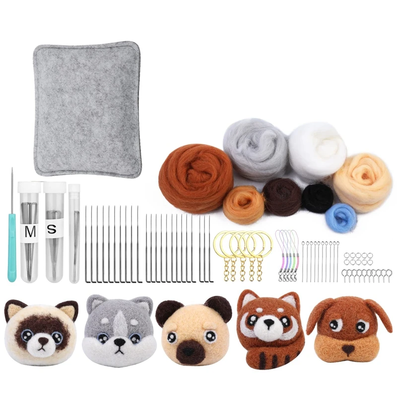 Agulha Felting Iniciante Kit Chaveiro, Animais Supplies Set, inclui Roving, agulha Felting Pad e agulhas