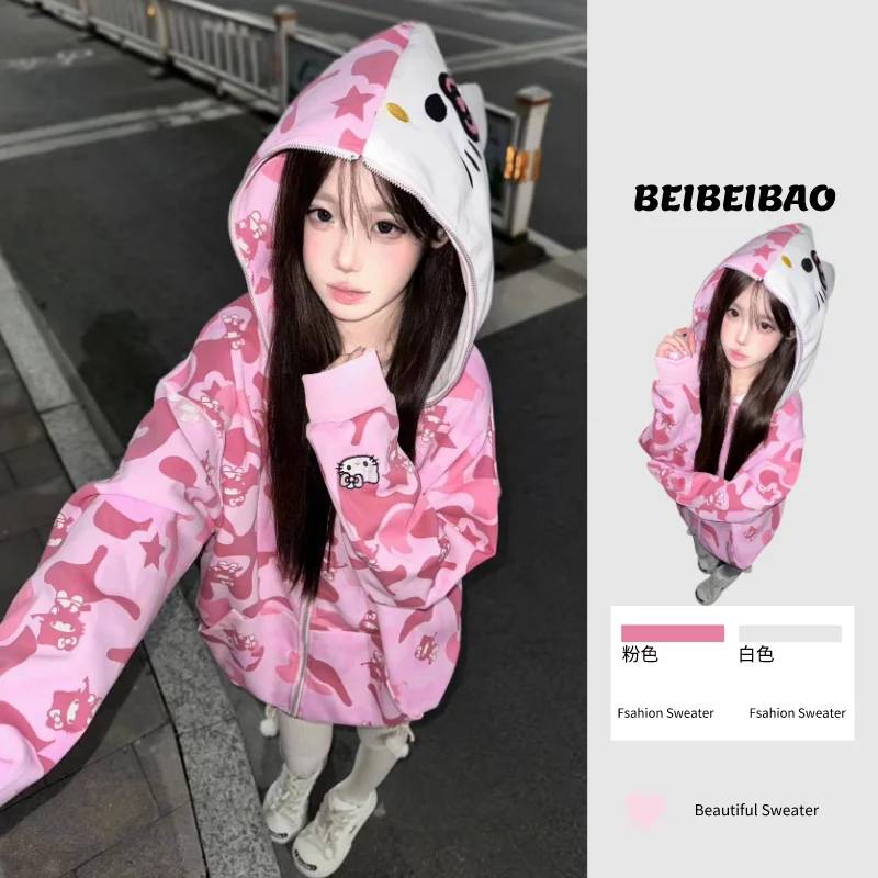 

Y2K Hello Kitty Women Camouflage Hooded Sweatshirt Anime Sanrio Spring Couple Cotton Zipped Full Print Coat Couple Casual Coat
