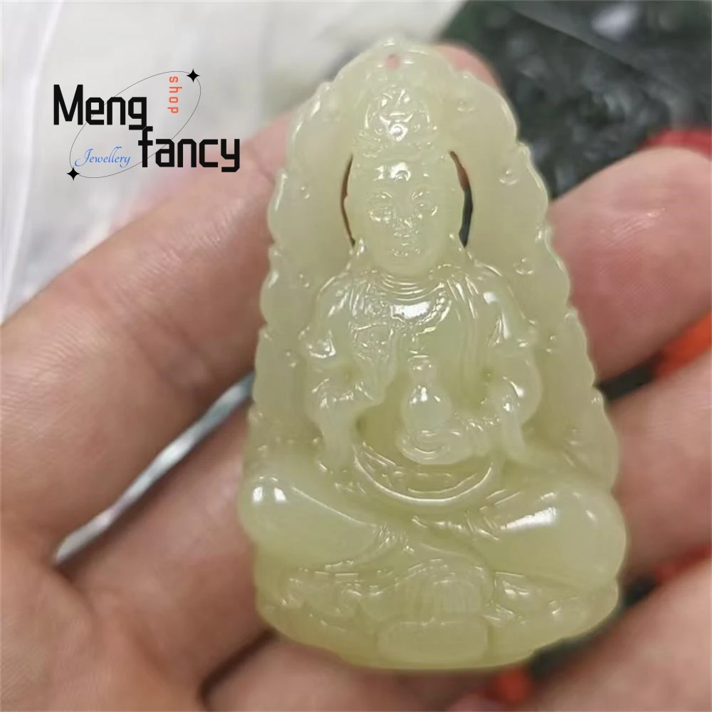 

Natural Hetian Jade Smoke Purple Clear Water Guanyin Bodhisattva Pendant Buddhist Amulets Exquisite Fashion Jewelry Holiday Gift