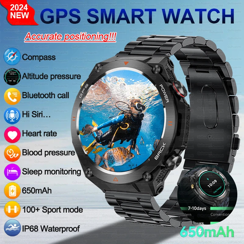 GPS Sport Smart Watch Compass Flashlight Outdoors 3ATM Waterproof Clock 412*412 AMOLED Bluetooth Call Voice Assistant Smartwatch