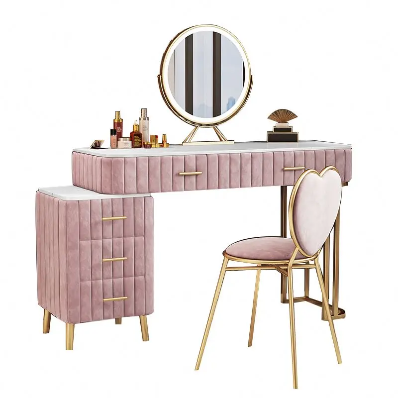 Nordic Modern Minimalist and Delicate Marble Dresser Table with Love Chair and Vanity Mirror and Bedside Table