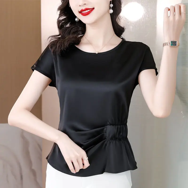 Korean Atmosphere Simplicity Fashion Summer Short Sleeved T-Shirts Women\'s Round Neck Solid Satin Folds Patchwork Slim Waist Top