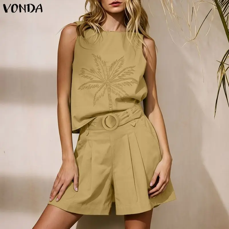 VONDA Damen-Kurzsets, 2-teilig, Sommer, ärmellose Oberteile, lockere Shorts, zweiteilige Outfits, OL, Arbeit, Party, elegante passende Sets, Streetwear