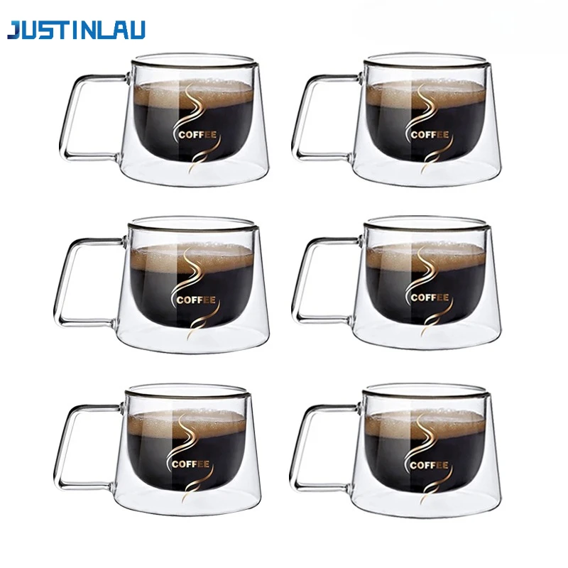 

JUSTINLAU 200ML Espresso Cup Heat-resistant Double Wall Glass Coffee Mug with Handle Cappuccino Latte Breakfast Tea Water Cups
